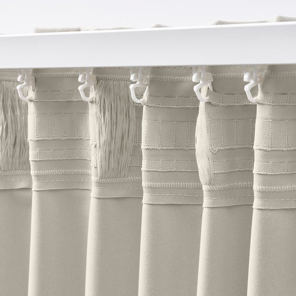 KORGMOTT - Blackout curtain, 2 sheets, beige/with curling ribbon,145x300 cm