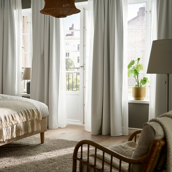 KORGMOTT block-out curtains, 1 pair, white/with heading tape, 145x300 cm