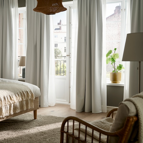 KORGMOTT block-out curtains, 1 pair, white/with heading tape, 145x300 cm