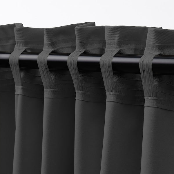 KORGMOTT block-out curtains, 1 pair, dark grey/with heading tape, 145x300 cm
