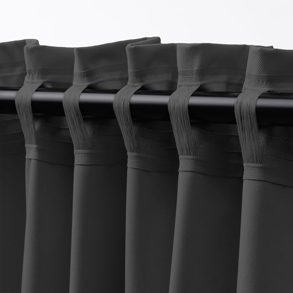 KORGMOTT - Blackout curtain, 2 sheets, dark gray/with curling ribbon,145x300 cm