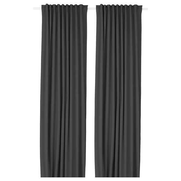 KORGMOTT block-out curtains, 1 pair, dark grey/with heading tape, 145x300 cm