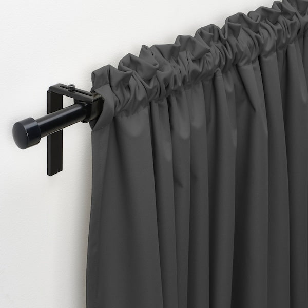 KORGMOTT block-out curtains, 1 pair, dark grey/with heading tape, 145x300 cm