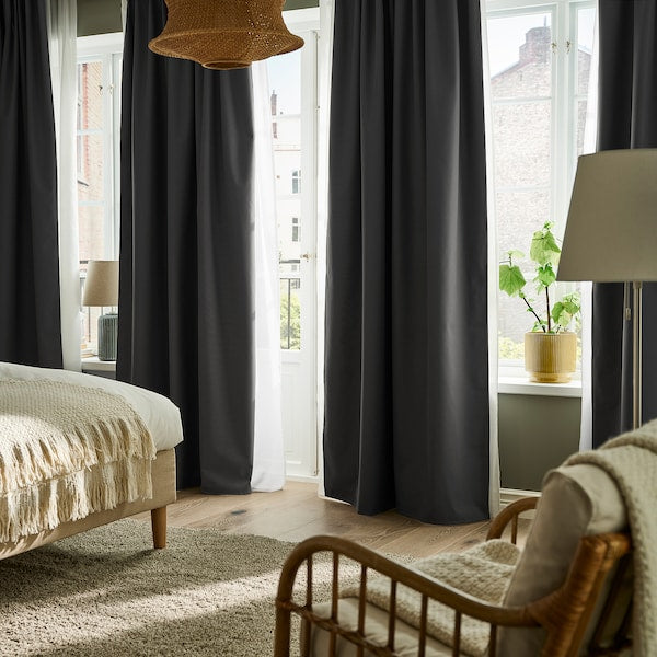 KORGMOTT block-out curtains, 1 pair, dark grey/with heading tape, 145x300 cm