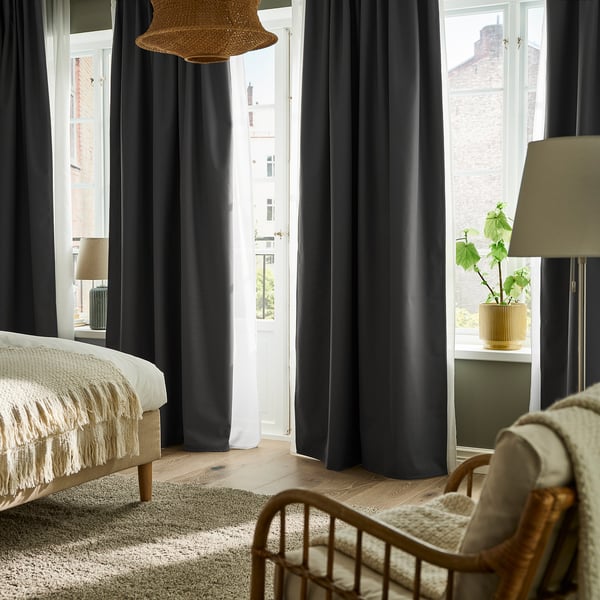 KORGMOTT block-out curtains, 1 pair, dark grey/with heading tape, 145x300 cm