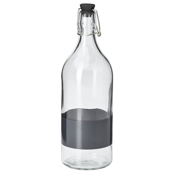 KORKEN - Bottle with stopper, clear glass/black, 1 l