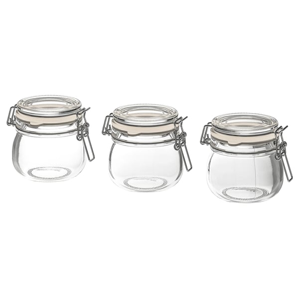 KORKEN jar with lid, clear glass, 13 cl, 3 pack