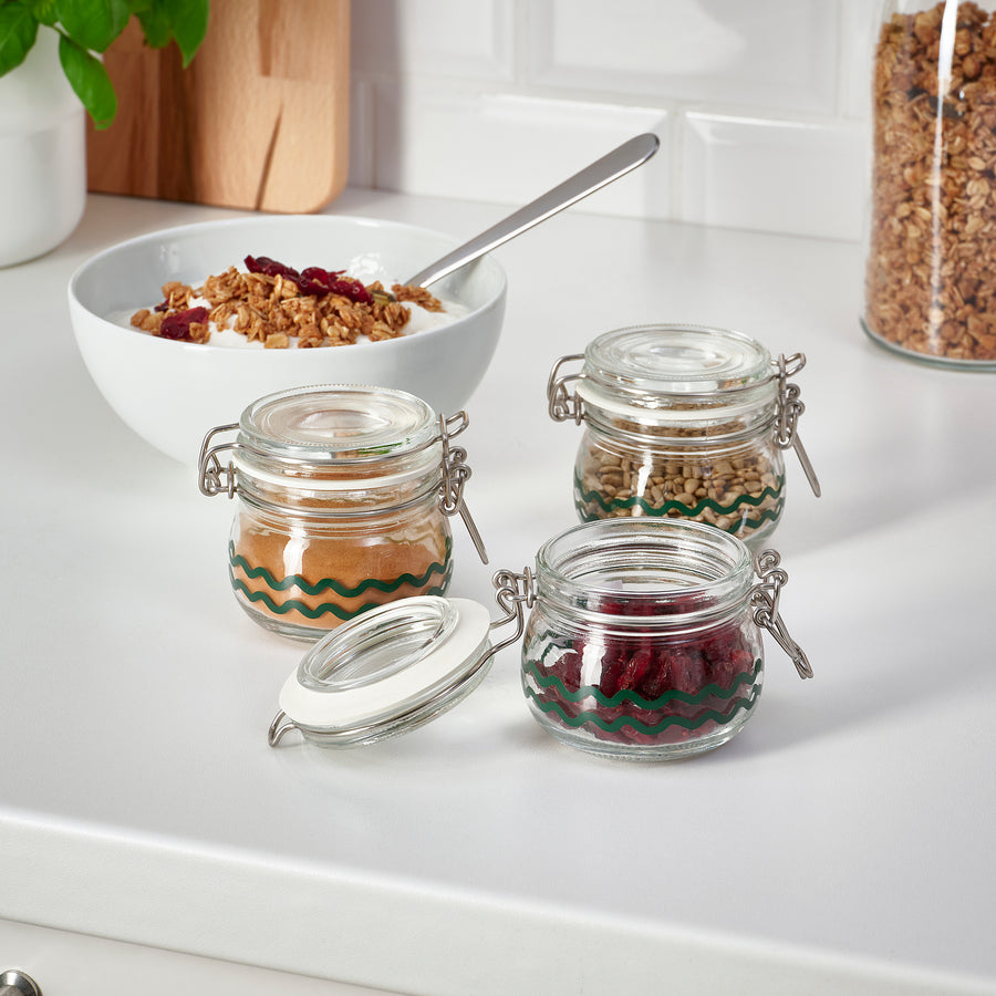 KORKEN jar with lid, clear glass/patterned green, 13 cl, 3 pack