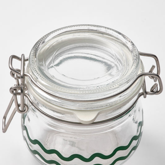 KORKEN jar with lid, clear glass/patterned green, 13 cl, 3 pack