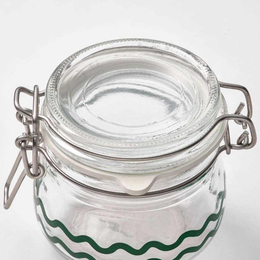 KORKEN jar with lid, clear glass/patterned green, 13 cl, 3 pack