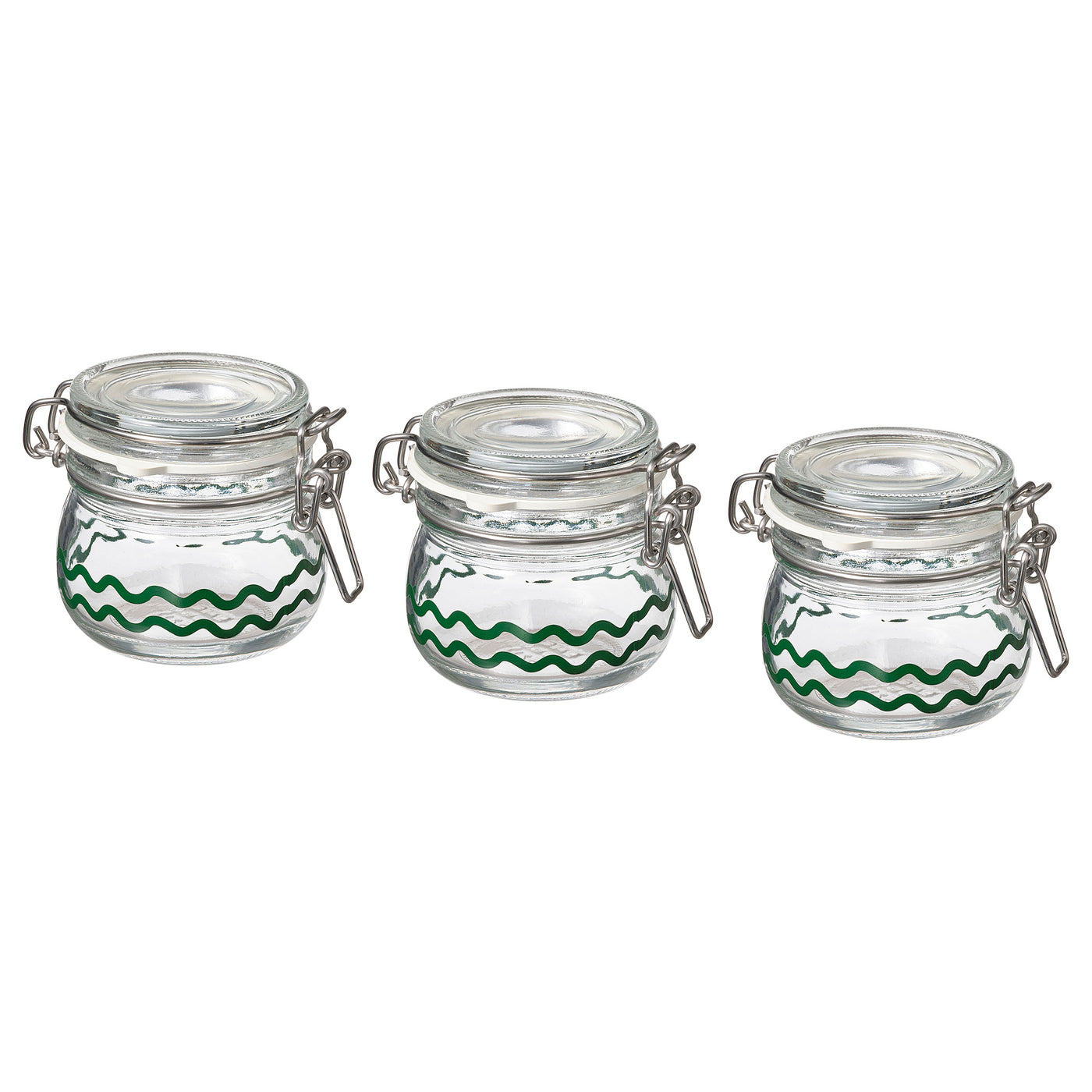 KORKEN jar with lid, clear glass/patterned green, 13 cl, 3 pack