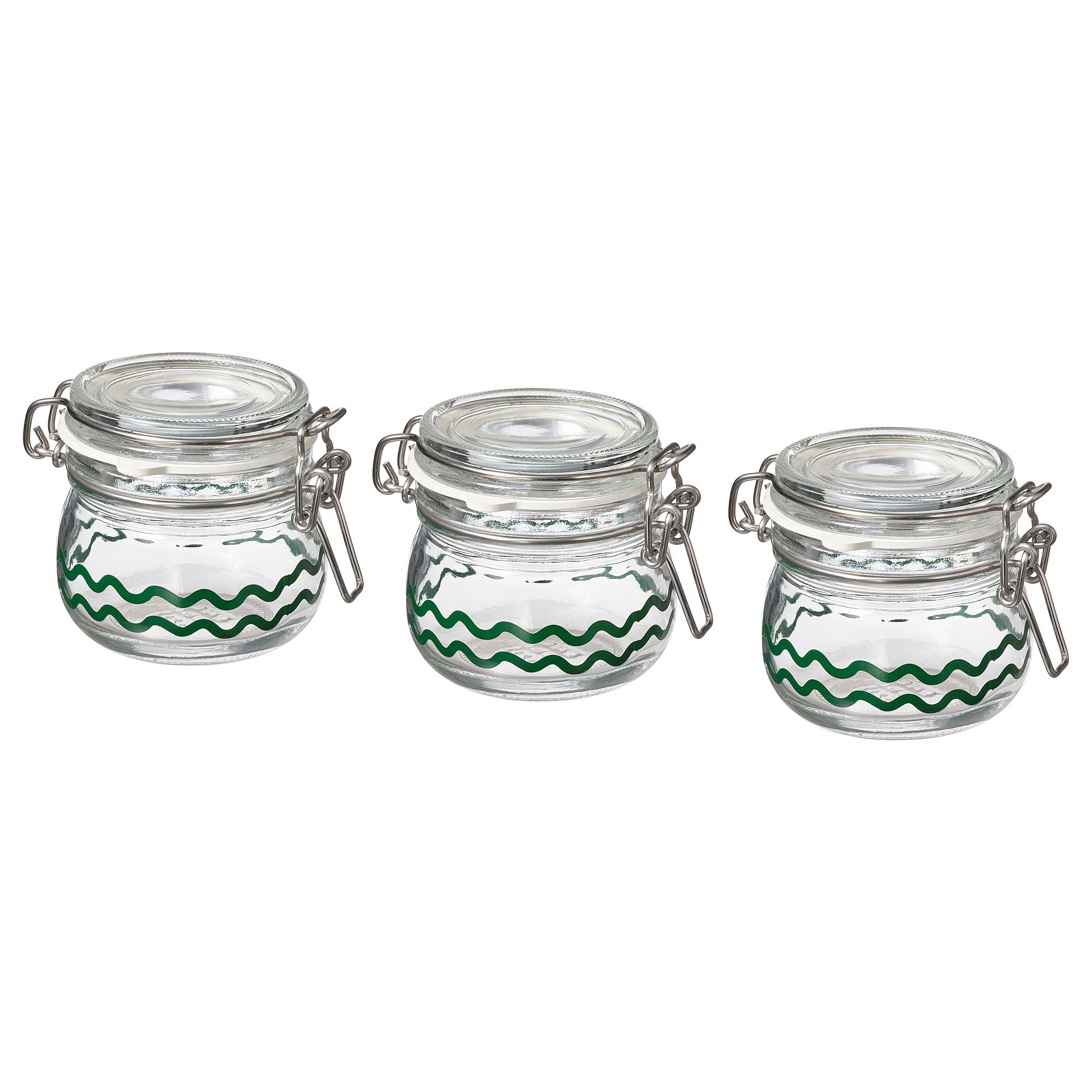 KORKEN jar with lid, clear glass/patterned green, 13 cl, 3 pack