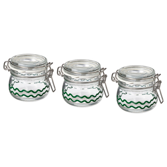 KORKEN jar with lid, clear glass/patterned green, 13 cl, 3 pack