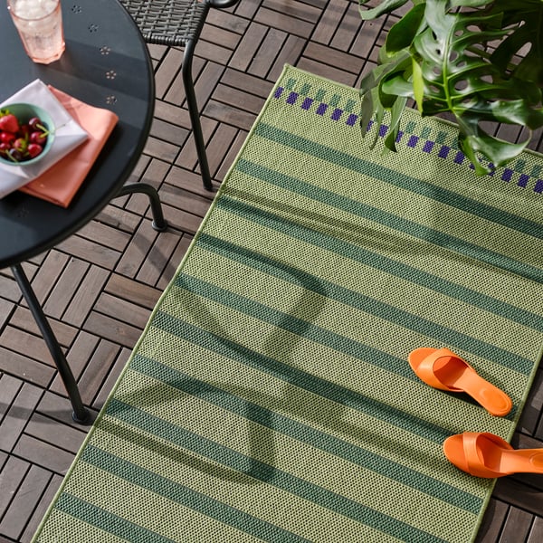 KORSNING - KORSNING Rug flatwoven, in/outdoor, green purple/striped, 80x250 cm