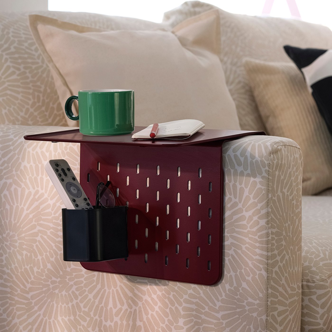 KRAMPHULT / SKÅDIS armrest tray with container, dark red metal/black