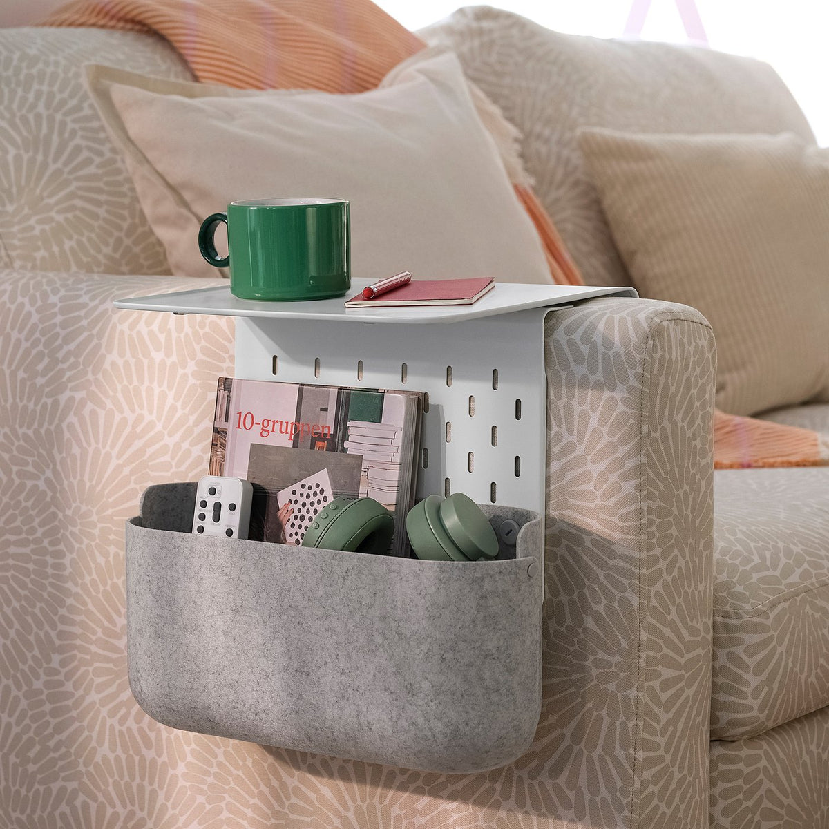 KRAMPHULT / SKÅDIS armrest tray with storage basket, white metal/grey