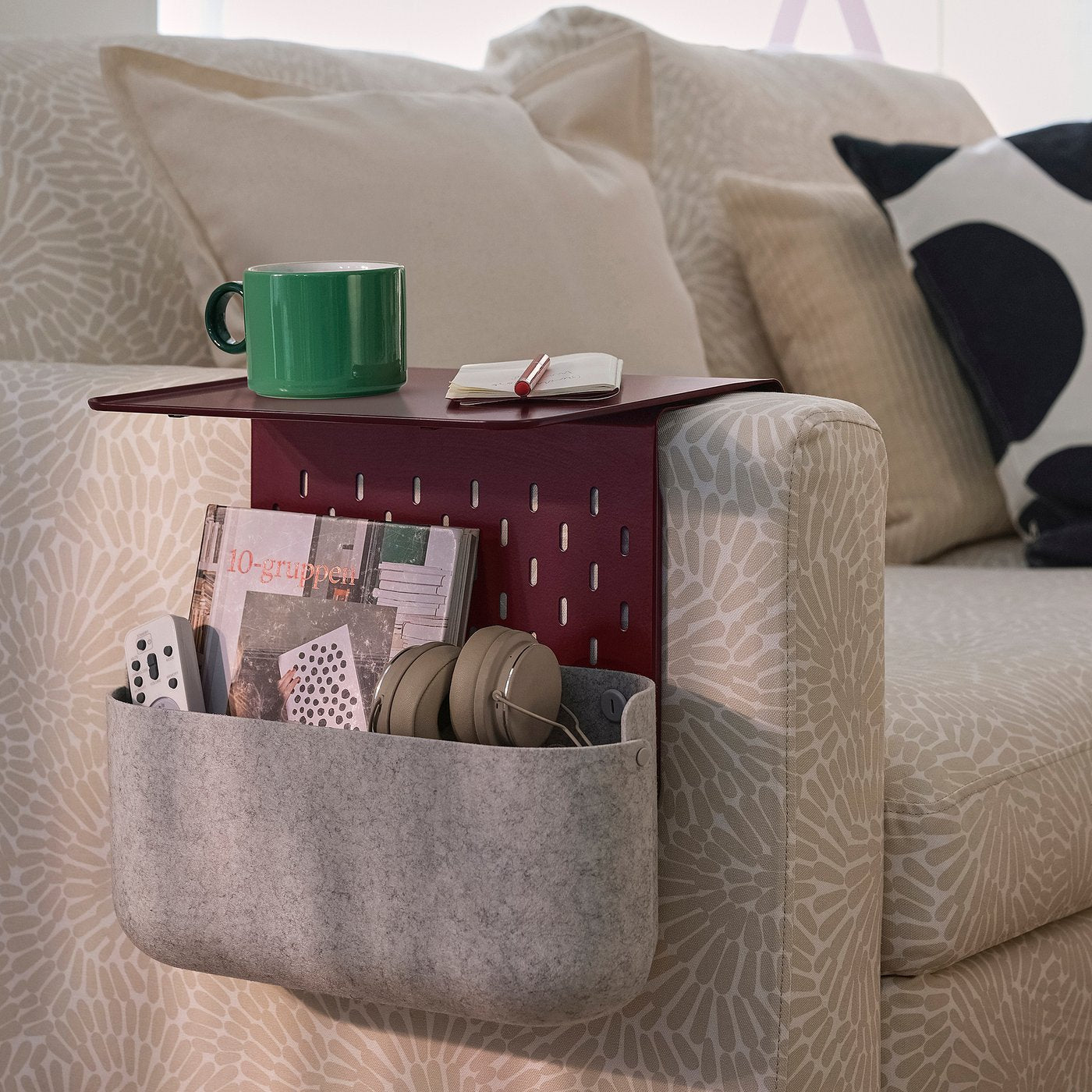KRAMPHULT / SKÅDIS armrest tray with storage basket, dark red metal/grey