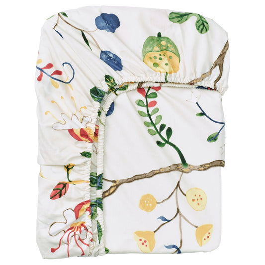 KRONBUSKE fitted sheet, light beige/floral pattern, 120x200 cm