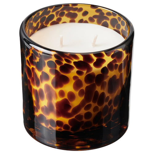 KRONSÅNGARE scented candle in glass, 2 wicks, Peach/dotted brown, 10 cm