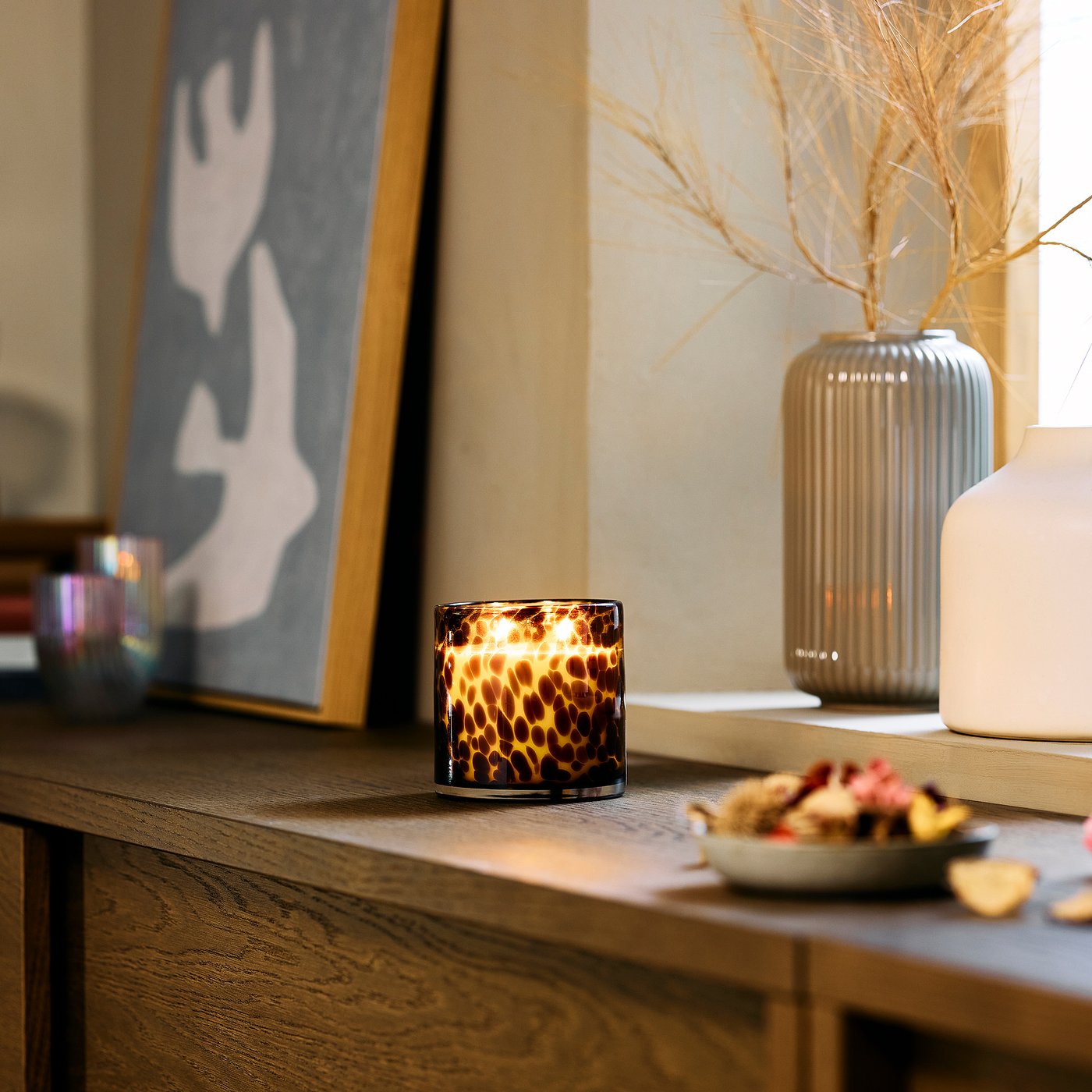 KRONSÅNGARE scented candle in glass, 2 wicks, Peach/dotted brown, 10 cm