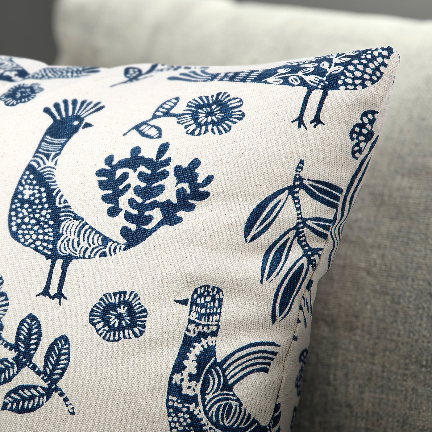 KRUTBRÄNNARE cushion cover, natural blue/Birds floral pattern, 50x50 cm