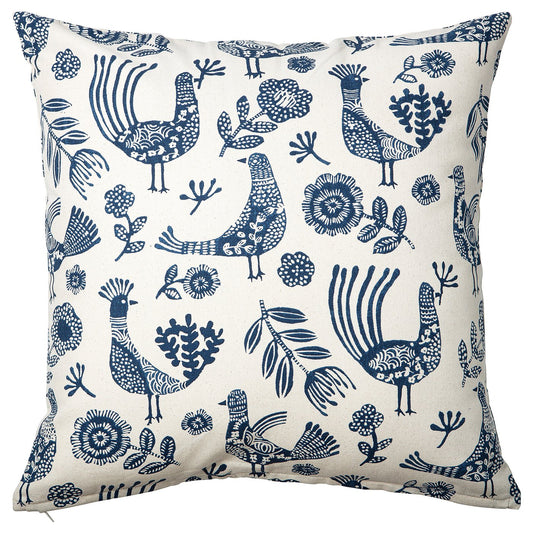 KRUTBRÄNNARE cushion cover, natural blue/Birds floral pattern, 50x50 cm