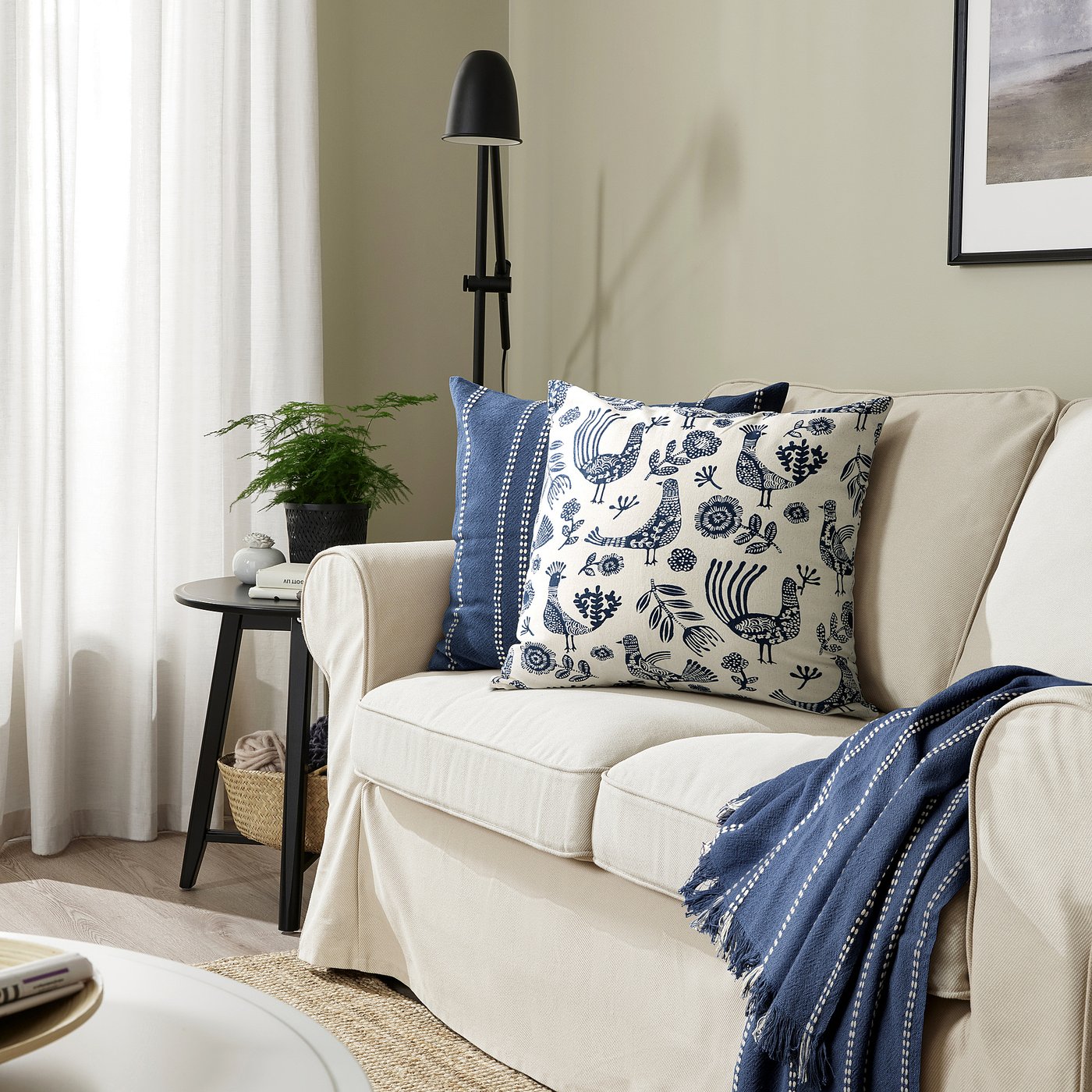 KRUTBRÄNNARE cushion cover, natural blue/Birds floral pattern, 50x50 cm