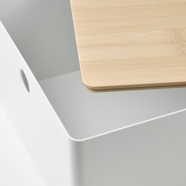 KUGGIS box with lid, white/bamboo, 18x26x15 cm