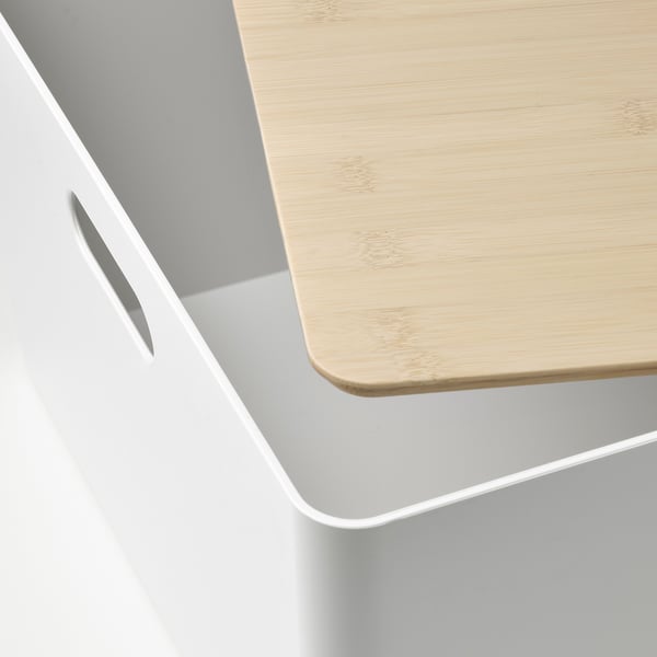 KUGGIS box with lid, white/bamboo, 37x54x21 cm