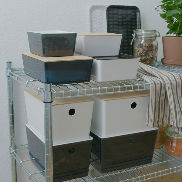 KUGGIS box with lid, white/bamboo, 13x18x8 cm