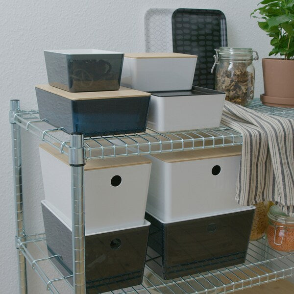 KUGGIS box with lid, white/bamboo, 18x26x15 cm