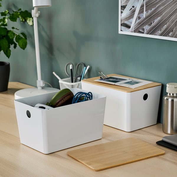 KUGGIS - KUGGIS Box with lid, white/bamboo, 18x26x15 cm
