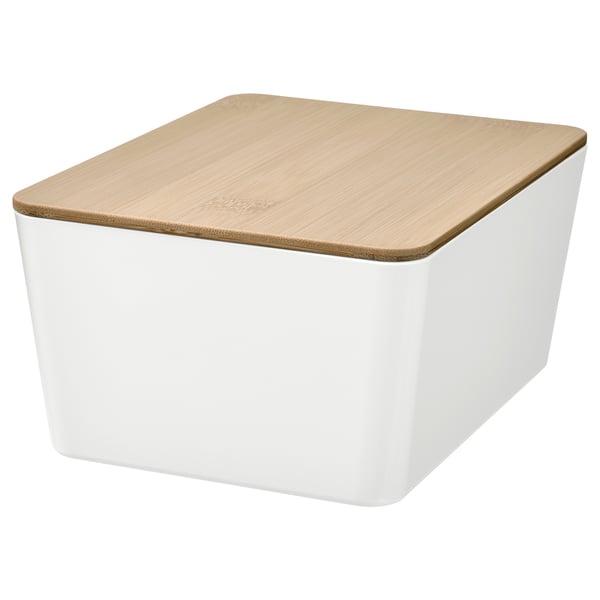 KUGGIS box with lid, white/bamboo, 13x18x8 cm