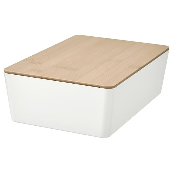 Ikea KUGGIS - Box with lid, white/bamboo, 18x26x8 cm