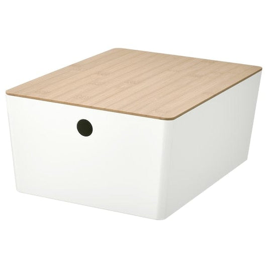 Ikea KUGGIS - Box with lid, white/bamboo, 26x35x15 cm