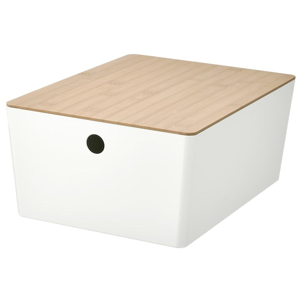 KUGGIS - Box with lid, white/bamboo, 26x35x15 cm