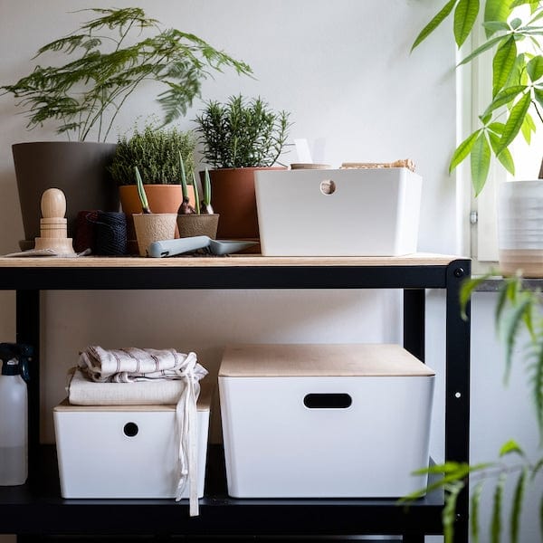 Ikea KUGGIS - Box with lid, white/bamboo, 26x35x15 cm