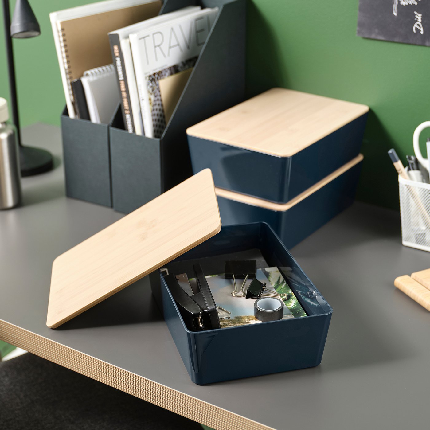 KUGGIS box with lid, black-blue/bamboo, 18x26x8 cm