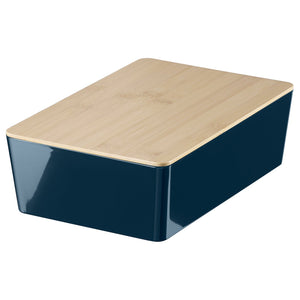 KUGGIS box with lid, black-blue/bamboo, 18x26x8 cm