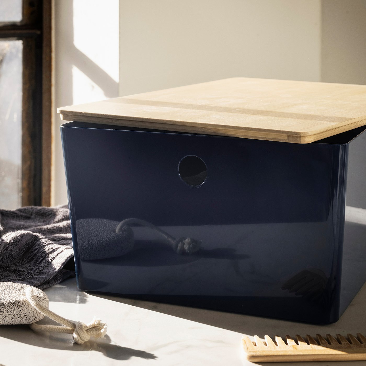 KUGGIS box with lid, black-blue/bamboo, 26x35x15 cm
