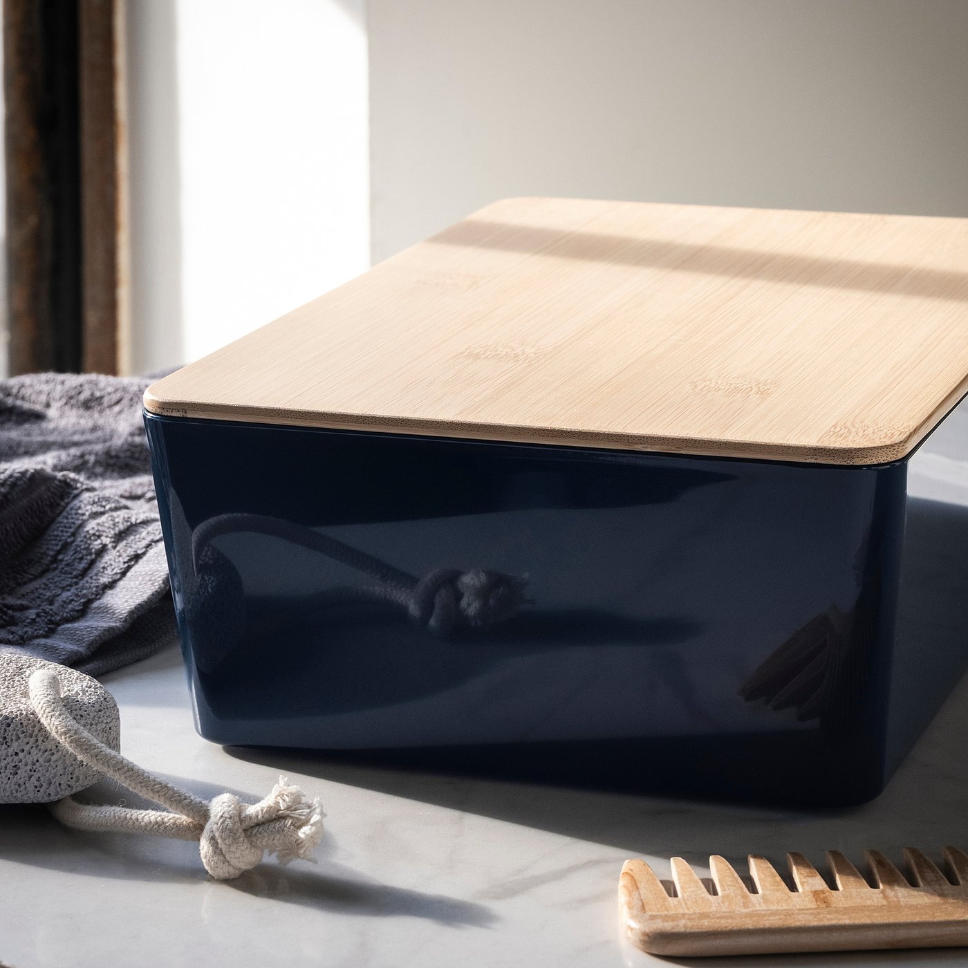 KUGGIS box with lid, black-blue/bamboo, 18x26x8 cm