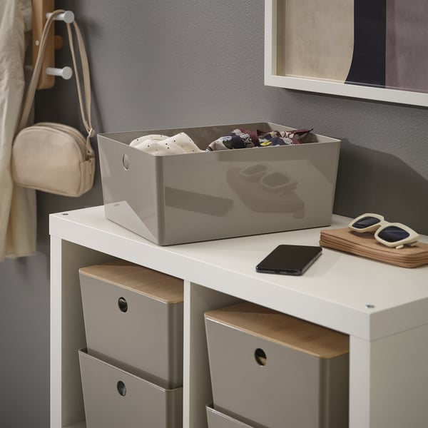 KUGGIS - KUGGIS Box with lid, dark grey-beige/bamboo, 26x35x15 cm