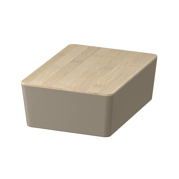 KUGGIS - Box with lid, dark grey-beige/bamboo, 18x26x8 cm