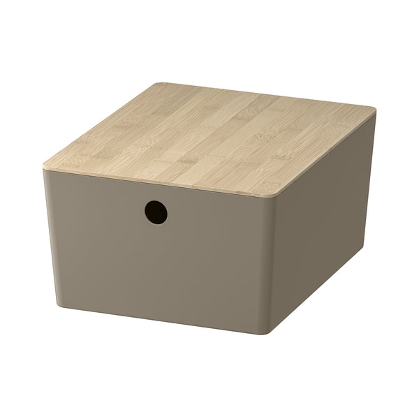 KUGGIS - KUGGIS Box with lid, dark grey-beige/bamboo, 26x35x15 cm