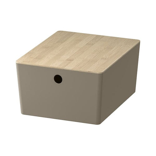 KUGGIS - Container with lid, dark grey/beige/bamboo,26x35x15 cm