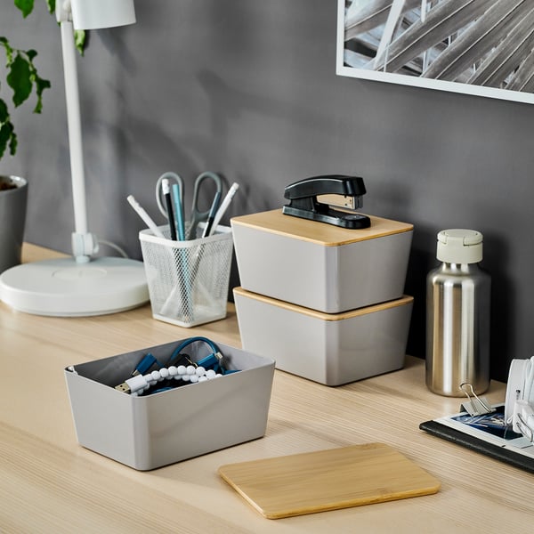 KUGGIS box with lid, light grey/bamboo, 13x18x8 cm