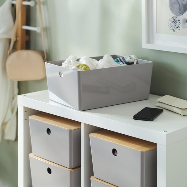 KUGGIS box with lid, light grey/bamboo, 26x35x15 cm