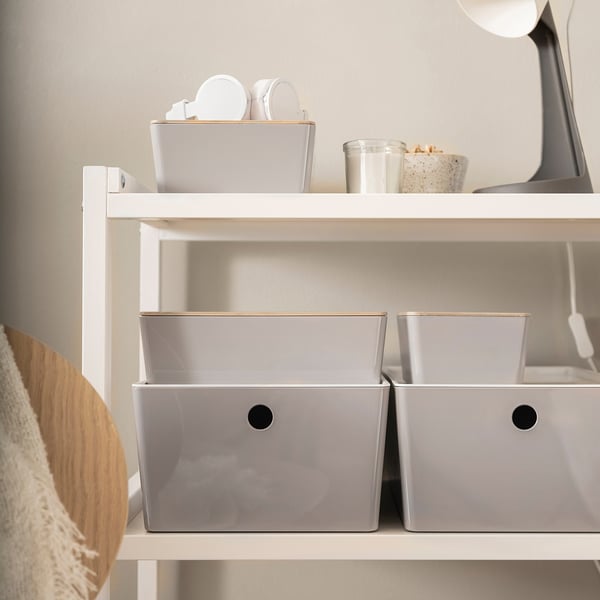KUGGIS - KUGGIS Box with lid, light grey/bamboo, 13x18x8 cm