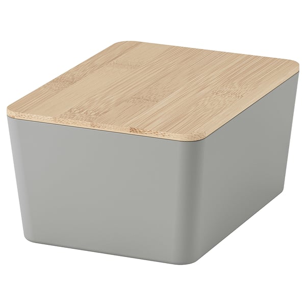 KUGGIS - KUGGIS Box with lid, light grey/bamboo, 13x18x8 cm
