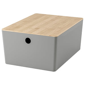 KUGGIS box with lid, light grey/bamboo, 26x35x15 cm
